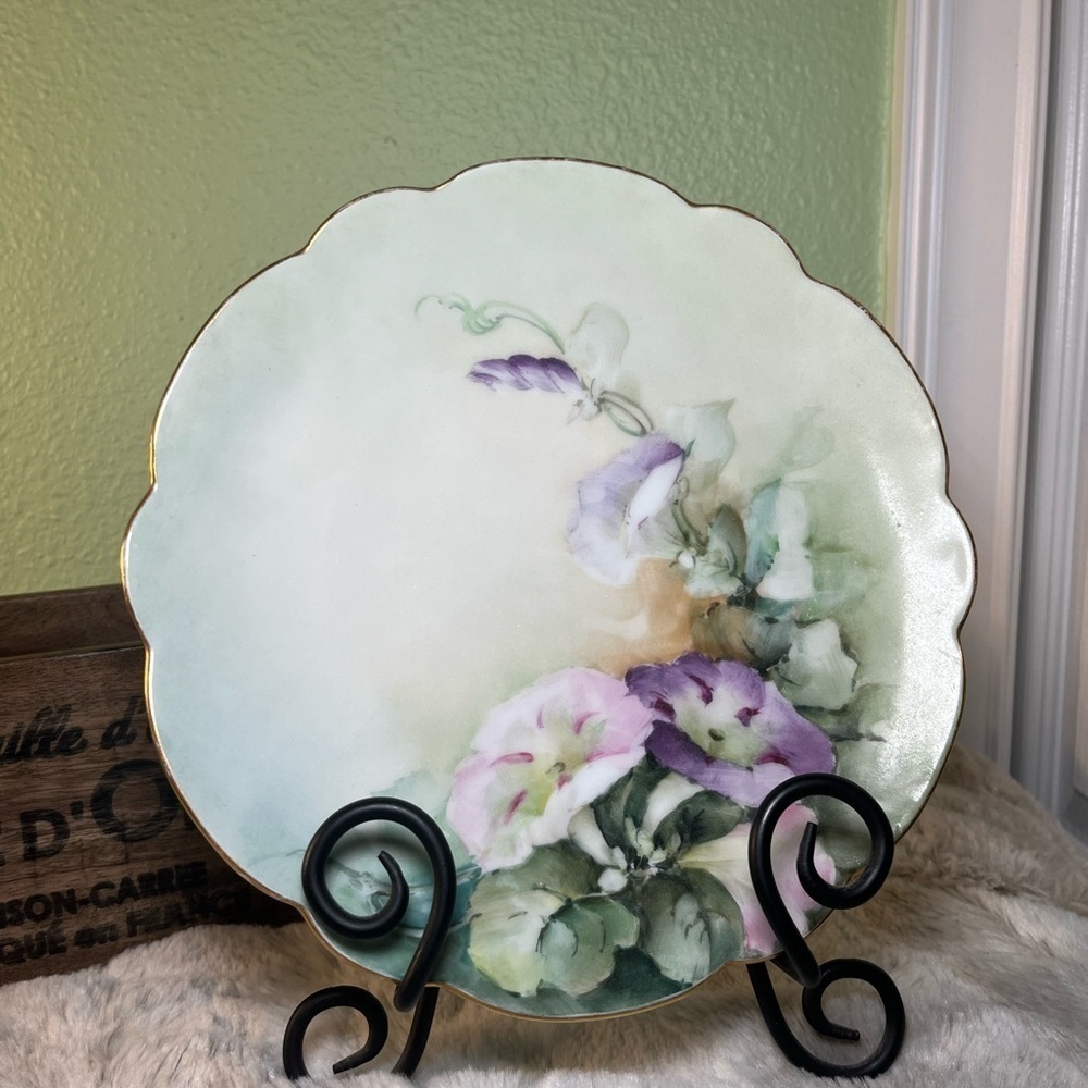 Limoges Hand Painted Pink  Purple Morning Glories & Gold Cake Plate